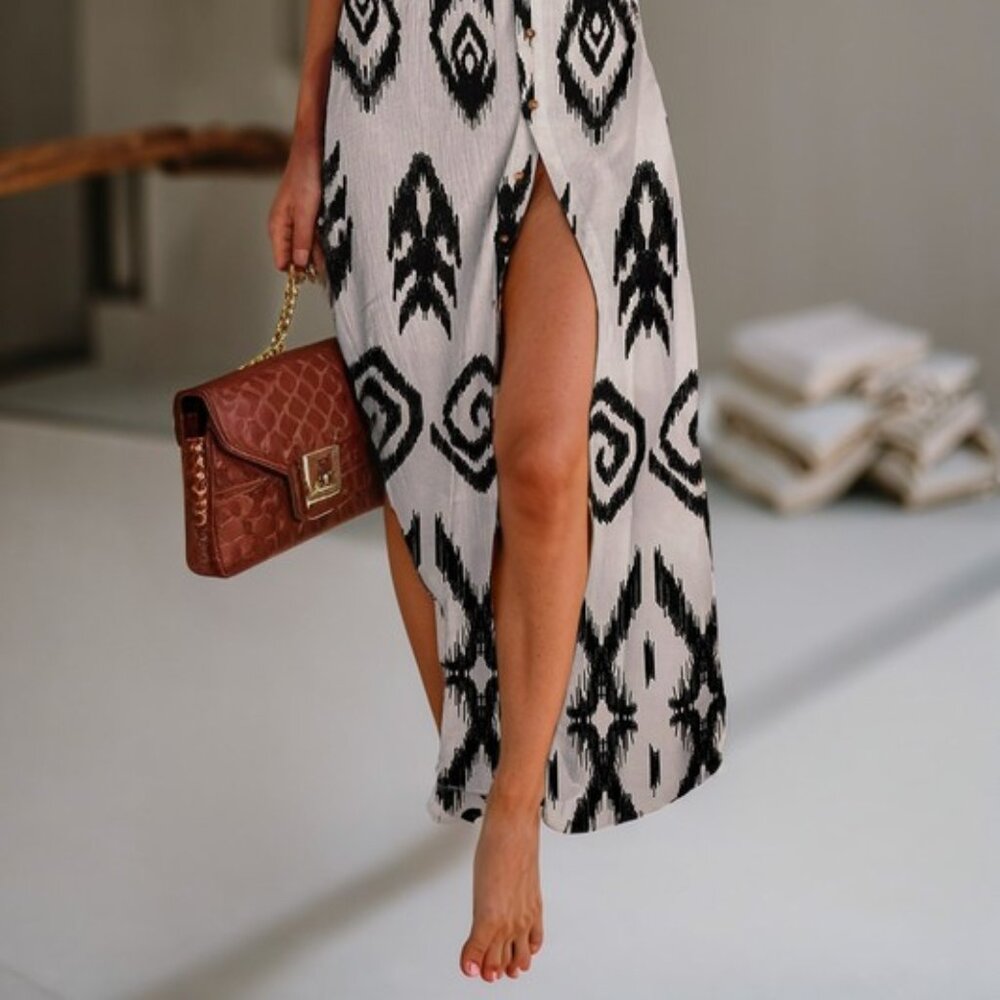 Print Button Down Shirt Dress - Picture 3 of 6